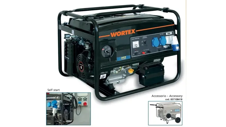 The image features a black and orange portable generator from the brand “Wortex”. The generator is encased in a black metal frame, equipped with a handle on top for easy transport. On the left side, there’s a red pull start and a black fuel tank. The right side houses a control panel with various outlets and switches. At the bottom, there’s a silver exhaust pipe.