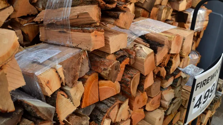 Firewood pile with price sign