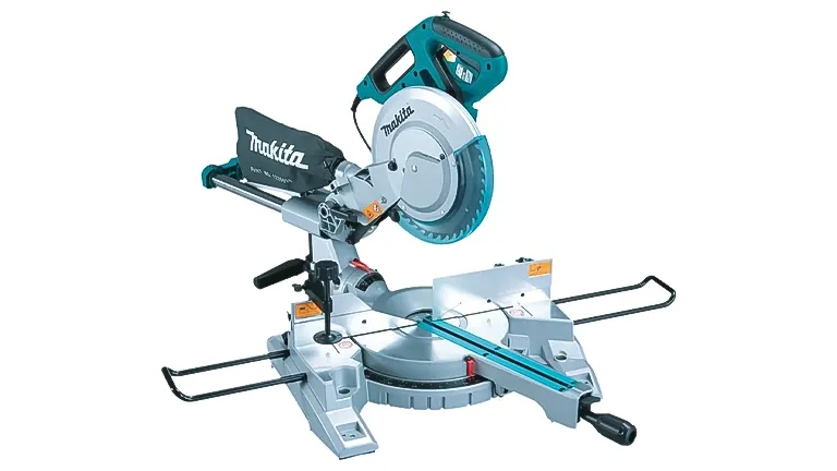 Blue and black Makita LS1018 10” Dual Slide Compound Miter Saw on a white background