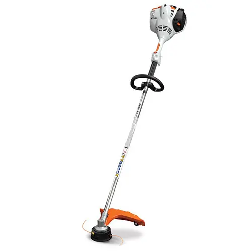 White and orange Stihl FS 56 RC-E gas-powered trimmer with curved shaft