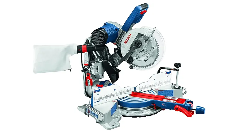 Bosch CM10GD 10” Dual-Bevel Glide Miter Saw with blue and red accents on a white background