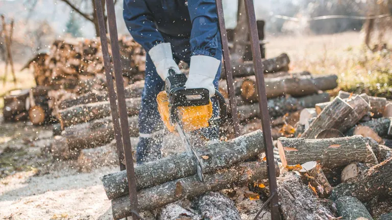 Person cutting firewood with chainsaw for a 2023 Firewood Business guide