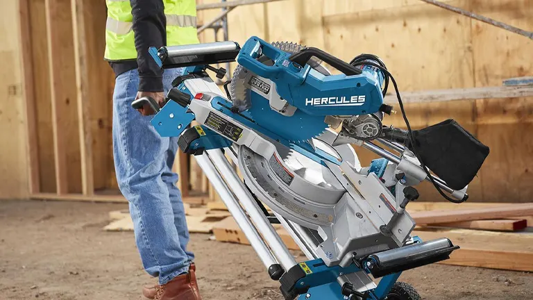 Hercules HE74 12" Dual-Bevel Sliding Compound Miter Saw with Precision LED Shadow Guide in a construction site