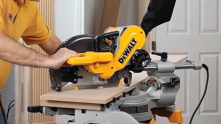 DeWalt DW717 10” Double-Bevel Sliding Compound Miter Saw in use, cutting wood on a workbench