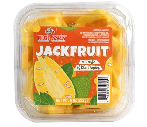 Packaged jackfruit pieces in a clear container with a colorful label