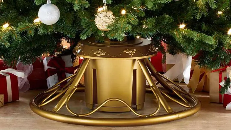 Home Heritage Electric 360 Degree Rotating Gold Artificial Christmas Tree Metal Stand
