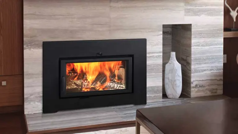 Modern fireplace with a roaring fire in a living room