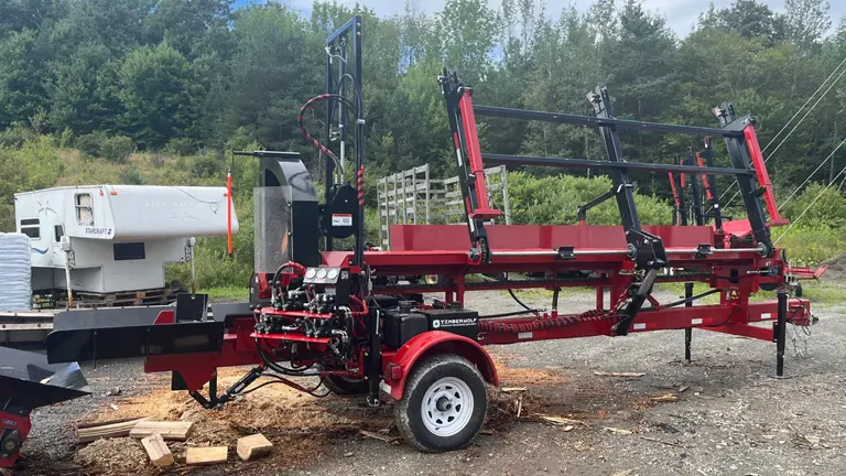 red Timberwolf firewood processing machine in an outdoor setting with trees and a blue sky in the background.