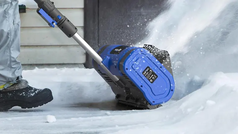 Person using SOYUS 20V 10-Inch Cordless Snow Blower to clear a sidewalk