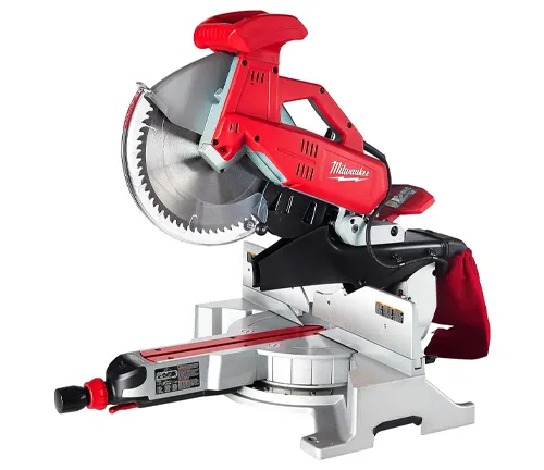 Red and black Milwaukee 6955-20 12” Dual-Bevel Sliding Compound Miter Saw with a silver blade on a white background