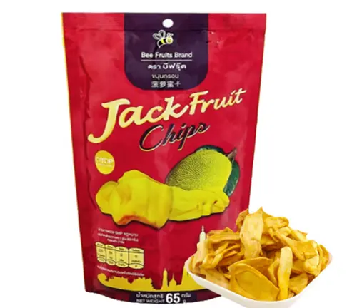 Red bag of Bee Fruits Brand Jackfruit Chips with a bowl of chips