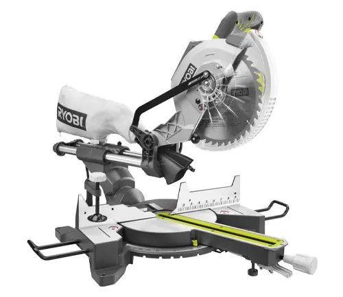 Gray and green Ryobi TSS103 10” Sliding Compound Miter Saw with dust bag on a white background