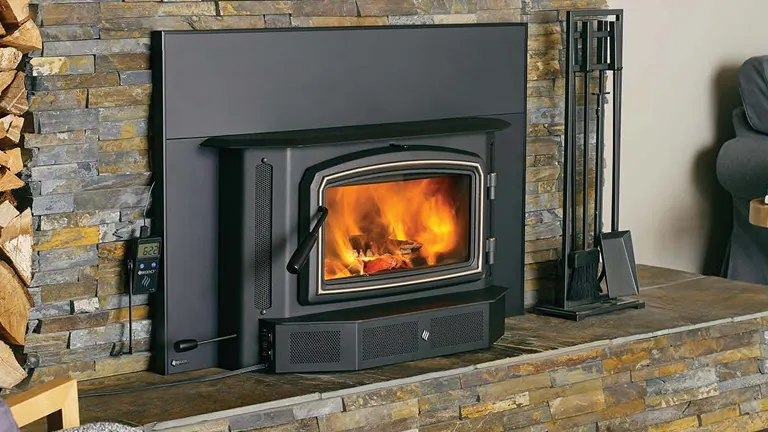 Black wood-burning stove with a fire burning inside, set against a stone wal