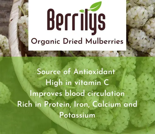 Berrilys Organic Dried Mulberries package highlighting its health benefits