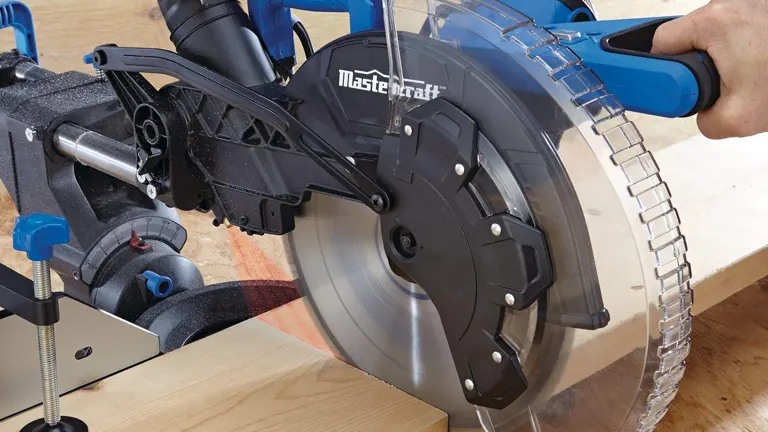 Mastercraft 11G-305 15 Amp 12" Dual-Bevel Sliding Miter Saw with Laser in use on a wooden workbench