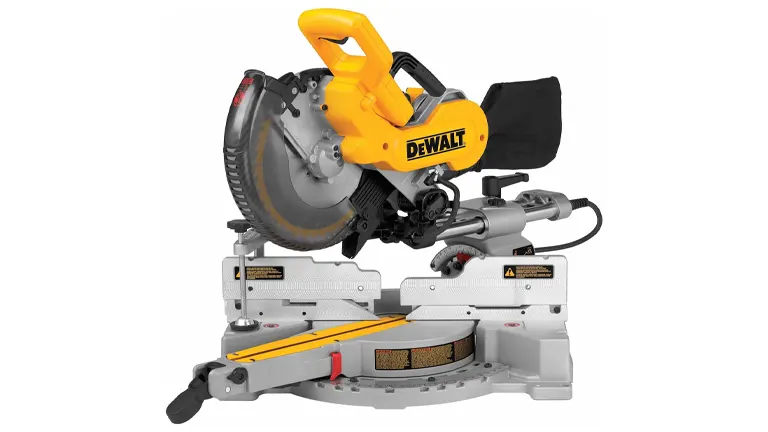 DeWalt DW717 10” Double-Bevel Sliding Compound Miter Saw with dust bag and power cord on a white background