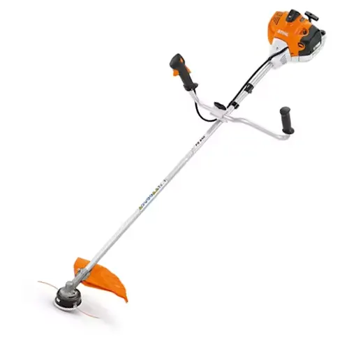 Orange and white Stihl FS 240 Trimmer and Brushcutter with a black grip, trigger, guard, and string on a white background