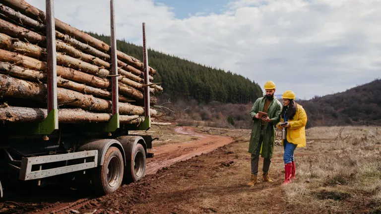 Two workers in hard hats standing next to a truck loaded with timber in a forested area