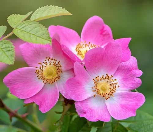 Close-up of three blooming Rosa canina flowers in pink with yellow centers, set against a backdrop of green leaves