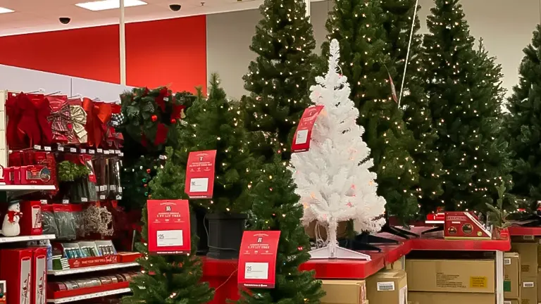 Christmas trees and decorations on display in a store.