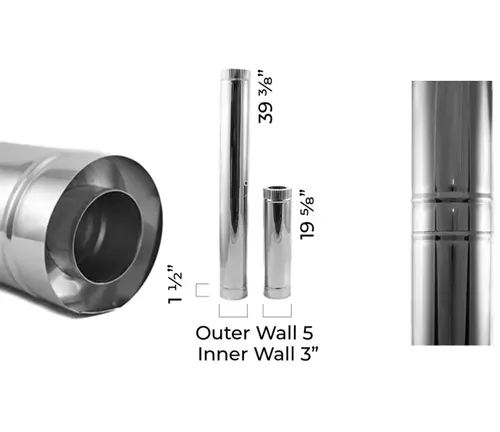 Close-up and dimensional views of RV wood stove kit flue.