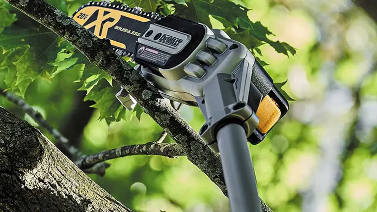 Dewalt 20V MAX XR Brushless Cordless Pole Saw with long pole and chain saw attachment