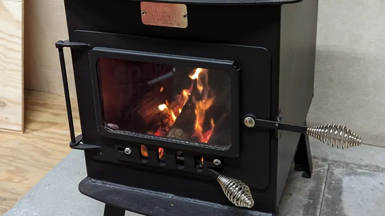Black wood-burning stove with a fire burning inside.