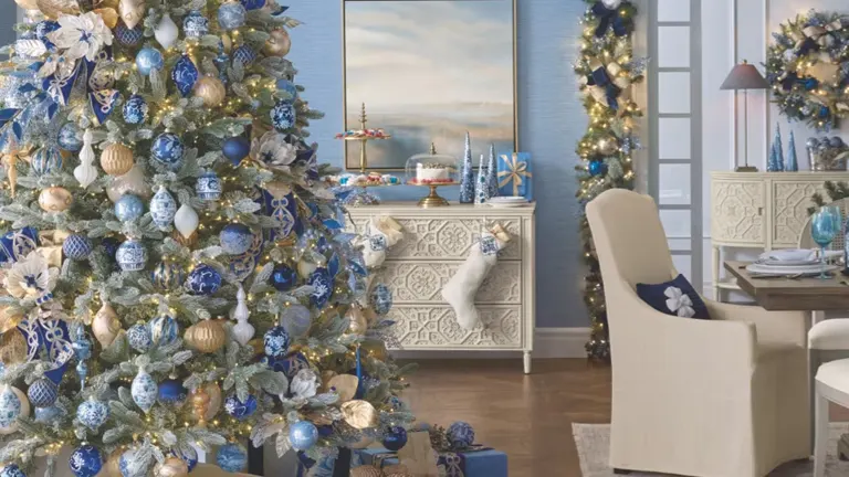Decorated Christmas tree in a blue and white themed living room.