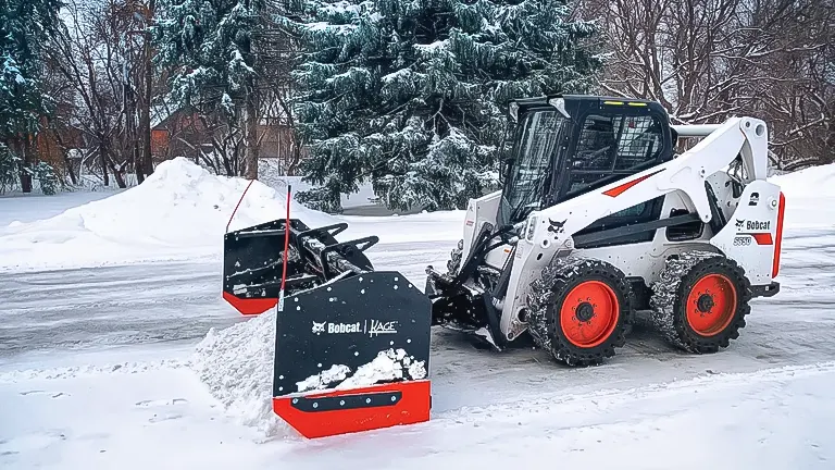 White Bobcat S650 skid-steer loader with a snowblower attachment clearing snow from a road.