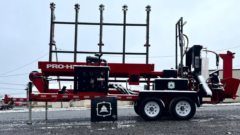 The image is a photo of a red and white Pro-Haul trailer with a black engine and four hydraulic arms on a gravel lot.