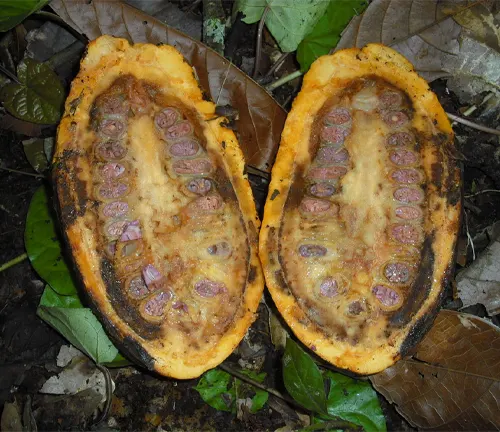Two halves of a Criollo Cacao fruit on the ground with leaves around it