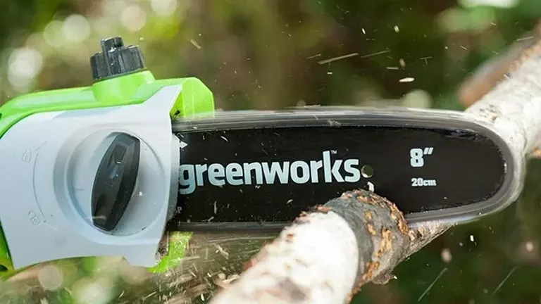 Greenworks 40V cordless pole saw cutting through a tree branch