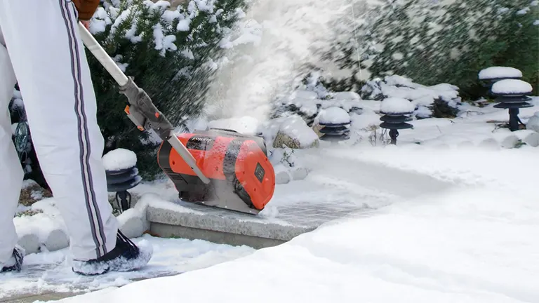 Person using VOLTASK Brushless Cordless Snow Blower on a snowy walkway