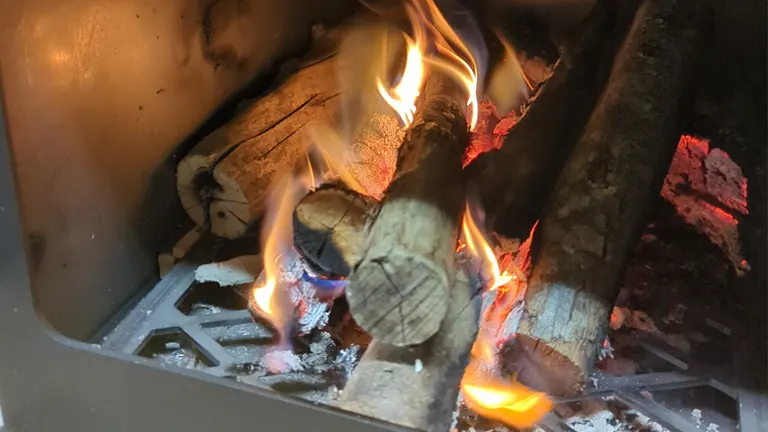 Close-up of burning logs in a fireplace.