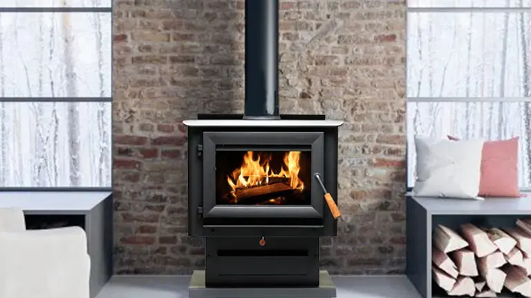 Modern wood-burning stove in living room with brick wall.