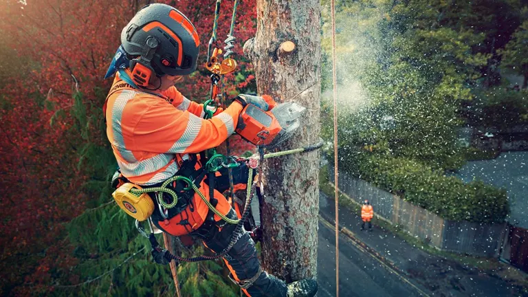 Tree worker in safety gear using a chainsaw to trim a tree.