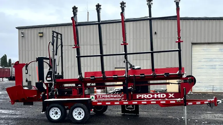 The image is a photo of a red Timberwolf Pro-HD X log splitter parked in front of a gray building. 