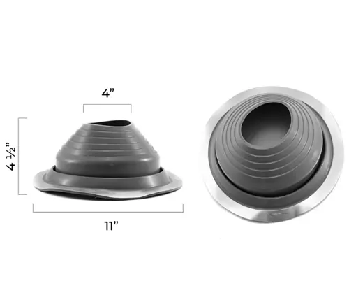 Two images of roof-ready flue kit for RV wood stove, one with dimensions.