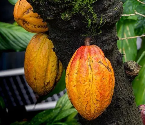 Three Criollo Cacao pods hanging from a tree trunk with green foliage in the background