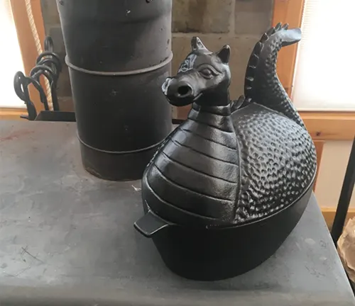 Black cast iron teapot with a dragon head spout on a gray countertop.
