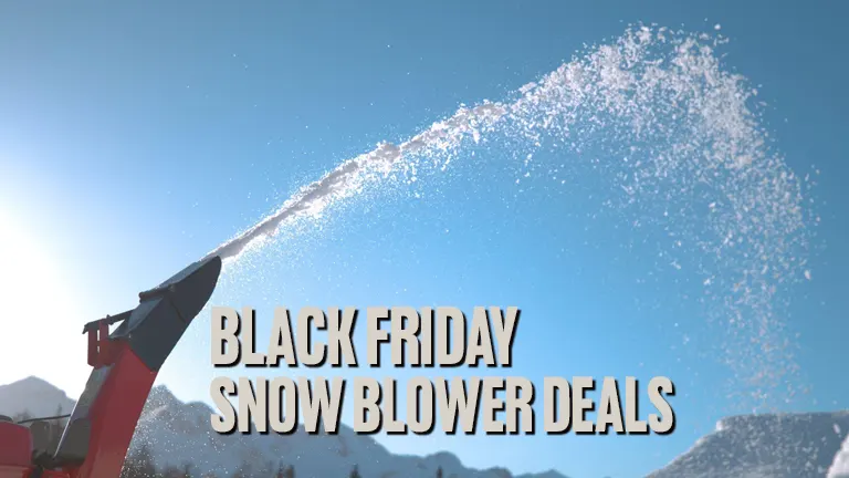 Promotional image for 2023 Black Friday snow blower deals, featuring a red snow blower in action against a blue sky backdrop