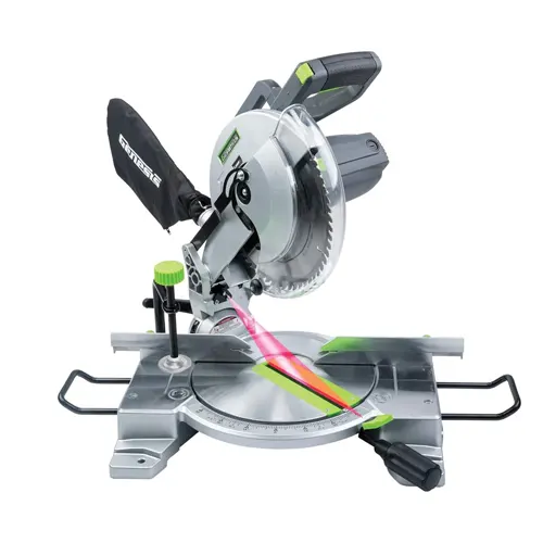 A Genesis GMS1015LC 10-inch Sliding Compound Miter Saw with a laser guide, ready to make a precise cut