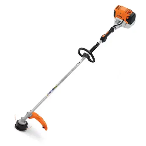 Orange and white STIHL FS 91 R Weed Trimmer with a black grip, trigger, guard, and string on a white background