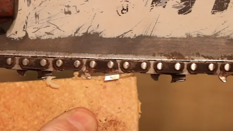 Close-up of a rusty chainsaw blade being sharpened with a file against a beige wall
