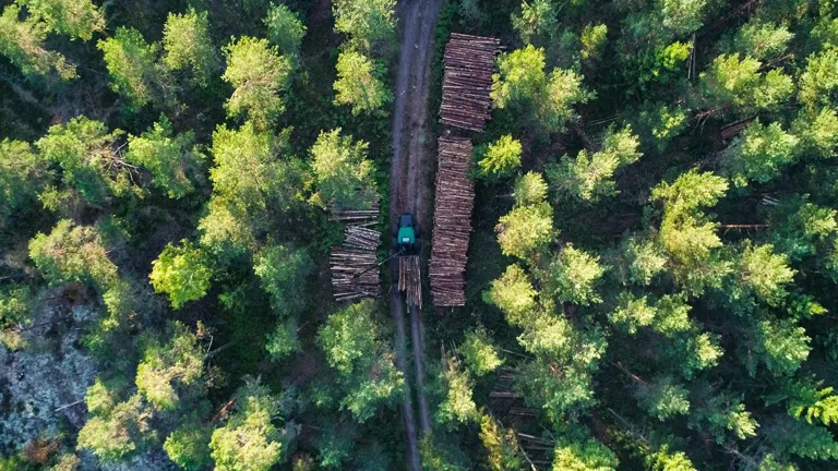 Aerial view of logging truck driving through forest with stacks of timber