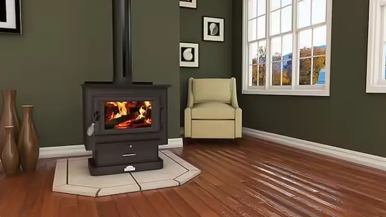 Living room with wood burning stove and chair.