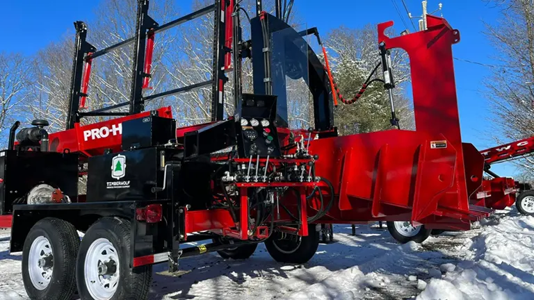 red and black tree harvester machine in a snowy landscape.