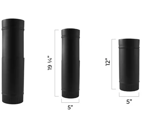 Three black cylindrical flue kits of different sizes for RV wood stove.