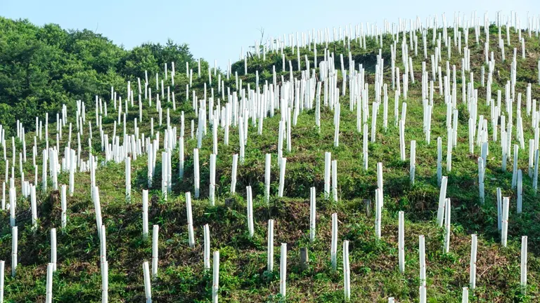 Hillside afforestation with young trees in white protective tubes indicating timber harvesting