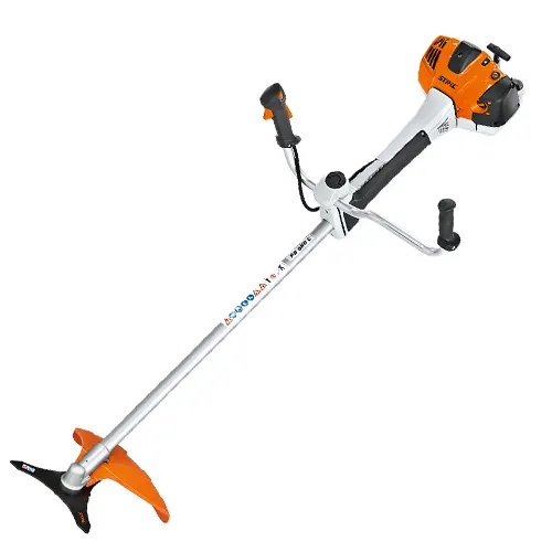 Orange and white STIHL FS 560 C-EM Trimmers and Brushcutters with a black grip, trigger, guard, and string on a white background